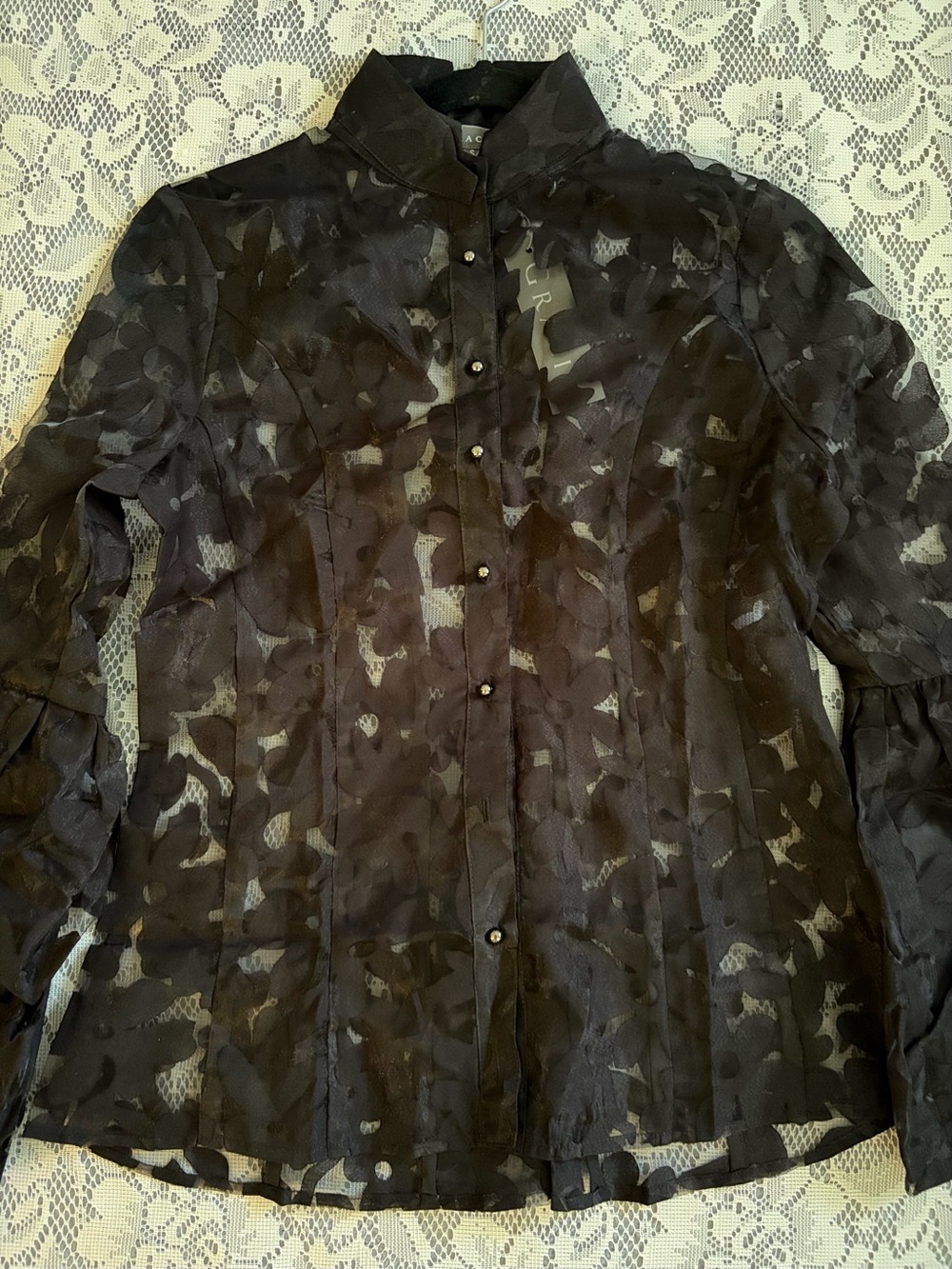 Gracia Black Sheer Burnout Blouse with Tiered Dramatic Bell Poet Sleeves - Picture 3 of 8